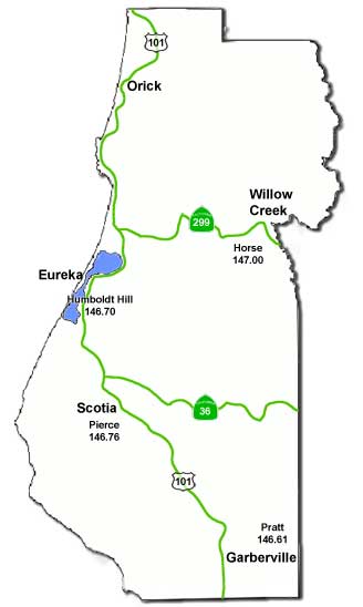 Map of Humboldt County showing location of repeaters